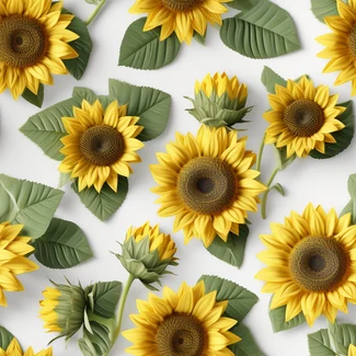 Seamless pattern featuring sunflowers and leaves on a white background in 3D style