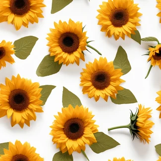 Bright and colorful sunflowers on a white background arranged in a beautiful pattern