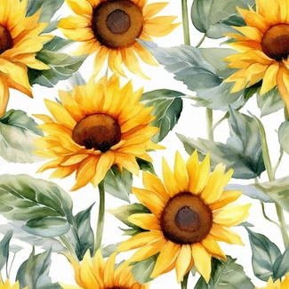 A watercolor pattern featuring yellow sunflowers with leaves set against a white background