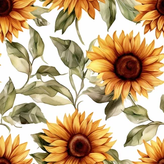 A beautiful sunflower and leaves watercolor pattern on a white background with earth tones.