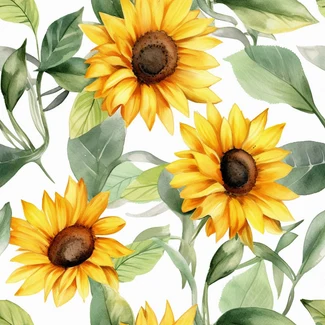 Sunflowers and leaves watercolor seamless pattern on a white background