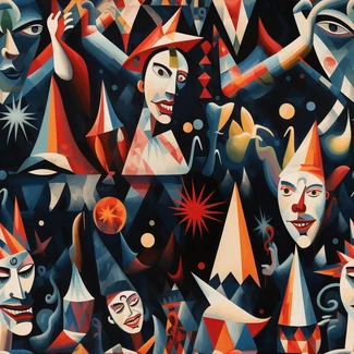 A surreal crowd scene featuring various characters with different facial characteristics and a navy and red color scheme.