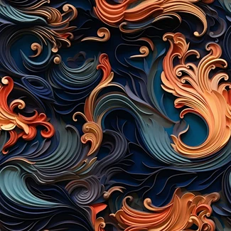Abstract pattern with blue and orange swirls and baroque flourishes.