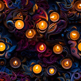 A colorful and surreal pattern of lit candles against a dark background.