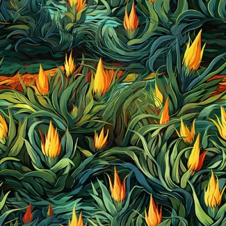 Flaming Aloe Vera pattern with bold colors and highly detailed foliage.