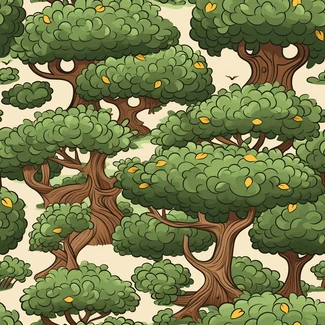 A repeating pattern of cartoon trees in varying shades of green with applecore details.