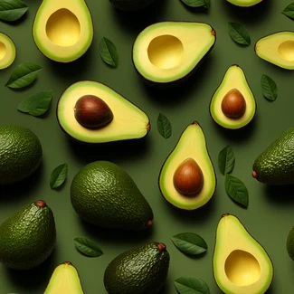 A seamless pattern featuring avocados and green leaves on a textured background.