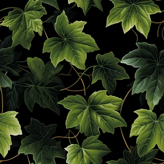 A highly detailed and realistic pattern featuring lush green ivy leaves on a black background.