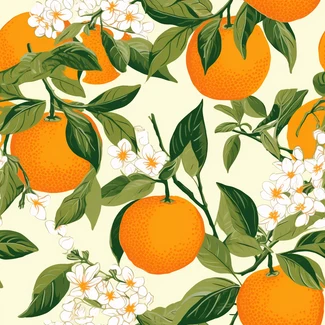 A seamless pattern with oranges and blossoms on a light yellow background.