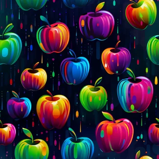 A colorful and abstract seamless pattern featuring a variety of apples with neon drips and splashes
