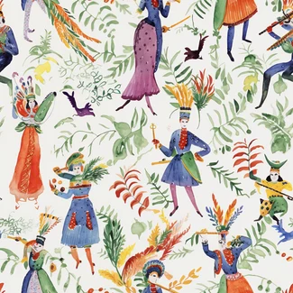 Colorful watercolor pattern with theatrical figures in folk art-inspired style.