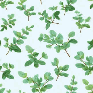 A beautiful seamless pattern with thyme leaves and herbs on a blue background with light green and sky-blue colors.