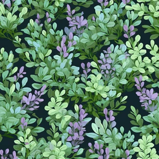 A seamless pattern of lavender plants on a dark background with intricate details and delicate colors.