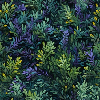 Tranquil Thyme seamless pattern featuring illustrations of thyme leaves on a dark background in shades of dark blue and emerald.