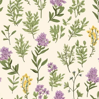 A seamless pattern with purple and yellow flowers with the freshness of thyme and lavender