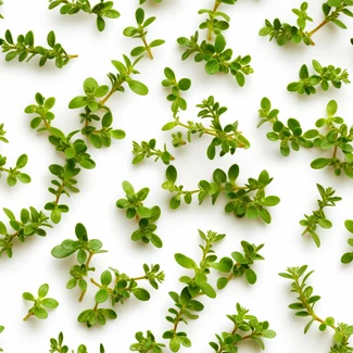 A repeating pattern of fresh thyme leaves on a white background