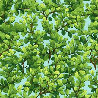 Seamless pattern of green leaves and twisted branches against a backdrop of blue skies.