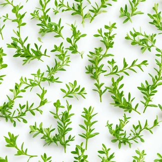 Fresh green thyme leaves arranged in a repetitive pattern on a white background