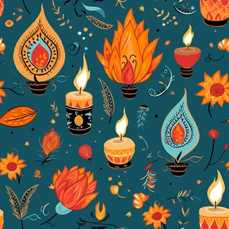 A colorful seamless pattern featuring hand-drawn tila flowers and burnt candles, set against a dark blue background that evokes a starry night.