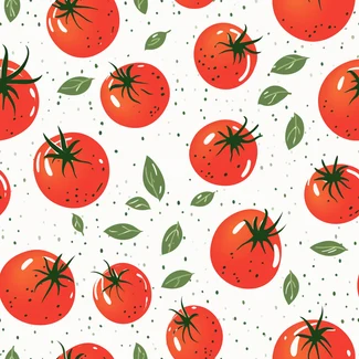 A playful and organic tomato and leaf pattern featuring confetti-like dots on a white background.