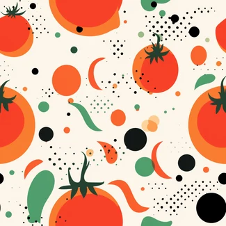 Tomato Dots Geometric Abstract Seamless Pattern with red tomatoes and orange dots on a white background.