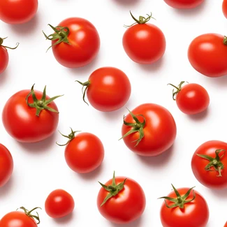 A pattern of ripe red tomatoes on a white background that seem to explode out of the image in a cross-processed style.