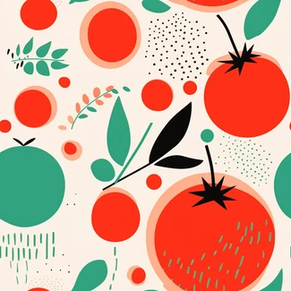 Tomato garden pattern featuring red and green tomatoes, flowers, and leaves on a white background
