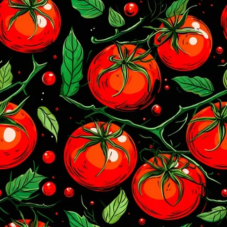 A seamless pattern of red tomatoes and green leaves on a black background