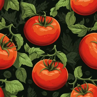 A seamless pattern of fresh tomato slices and green leaves set against a black background.
