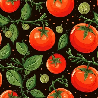 Tomatoes on leaves seamless pattern on a black background