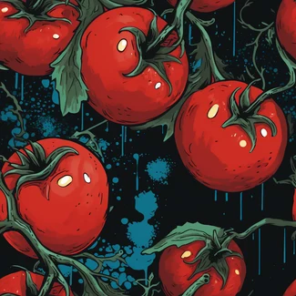 A seamless pattern of ripe tomatoes with drips of sauce on a blue background.