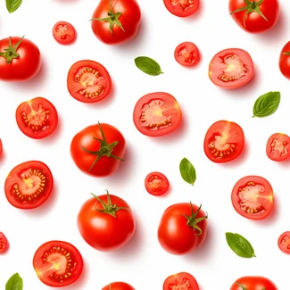 A seamless pattern of tomatoes and their leaves on a white background.