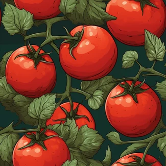 A seamless pattern of bright red tomatoes and green leaves in a pop-art fusion style.