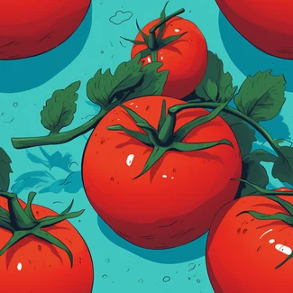 A seamless pattern of red tomatoes with stems and leaves on a blue background.