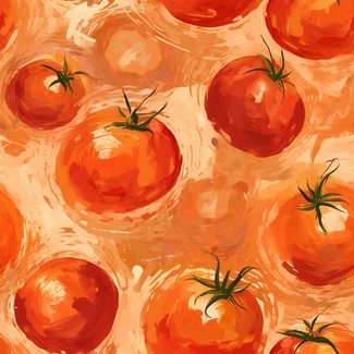 A watercolor pattern featuring ripe tomatoes on a vibrant orange and beige background.