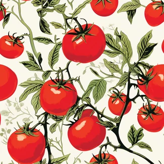 A seamless pattern of tomatoes on the vine against a beige background.