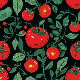 A seamless pattern of ripe red tomatoes and green leaves with a vintage aesthetic on a black background.