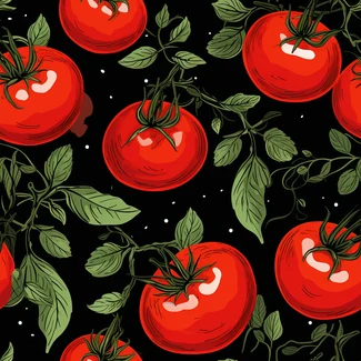 A folk-inspired Tomato Illustration pattern with lush green leaves and ripe, juicy tomatoes on a black background.