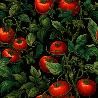 A seamless pattern of red tomatoes on the vine set against a black background