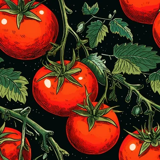 A vintage-style seamless pattern featuring red tomatoes and green herbs on a black background.