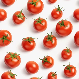 Tomatoes arranged in a pattern on a white background with a glossy finish