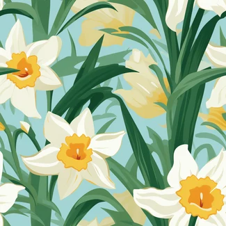 Tranquil Daffodils seamless pattern with white daffodil flowers on a blue background
