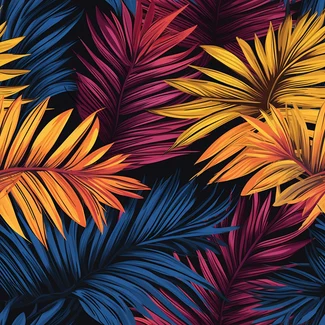 Colorful tropical leaves on a black background, in the style of a seamless pattern