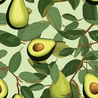 Tropical Avocado Leaves Seamless Pattern featuring avocados and leaves on a branch arranged in a precise and historical way.