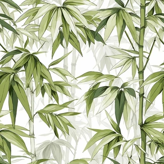 Tropical bamboo and palm tree wallpaper with green and white leaves and branches.