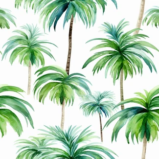 A watercolor seamless pattern of palm trees and coconuts on a white background.