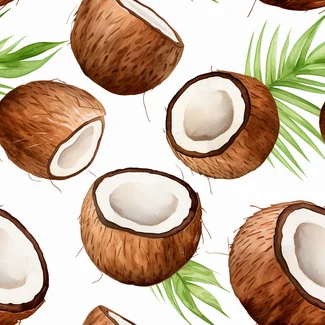 A seamless pattern with watercolor coconut and palm leaves on a white and brown background.