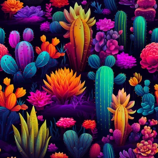 Colorful cactus plants on a dark background in an abstract pattern.