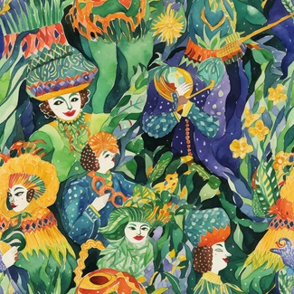 Colorful watercolor pattern of a carnival in the jungle