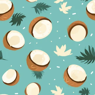 A playful tropical pattern featuring coconuts and leaves on a blue background.